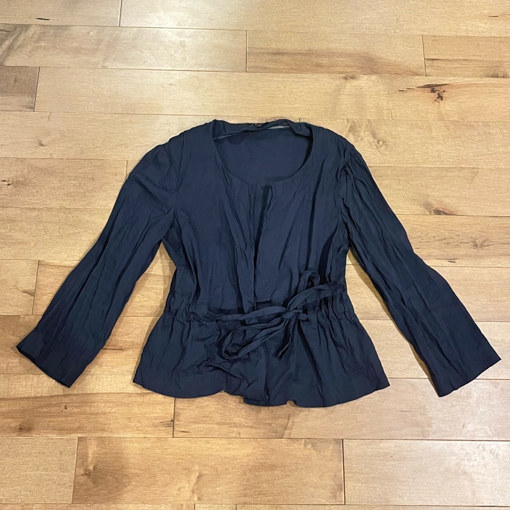Theory Linen Blend Stretch Tie Waist Jacket Dark Blue/Navy